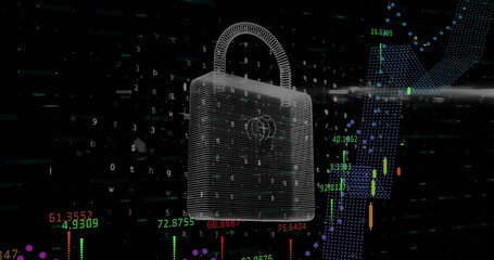 Poster - Floating white wireframe 3D padlock hovering over digital dashboard, with code and candlestick bars