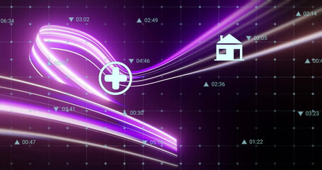 Aufkleber - Purple and white ribbons flowing across grid in digital network, with plus, house, timestamp icons