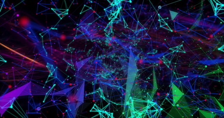Poster - Animating network in virtual cyberspace, linking glowing nodes, polygonal meshes and particles