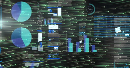 Poster - Visualizing floating data on tech dashboard showing pie, bar, line charts, tables, meters and icons