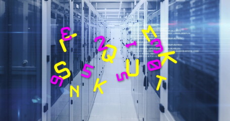 Poster - Server cabinets flashing LEDs and floating code symbols in central data center corridor