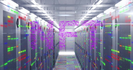 Poster - Showing server cabinets with LED lights, fiber cables and glitch overlay in data center corridor