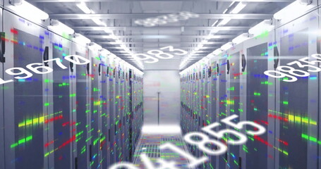 Poster - Extending server aisle leading into data center with blinking status LEDs and numerical overlays