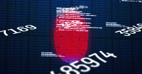 Aufkleber - Displaying stylized red fingerprint overlaying virtual code matrix, with floating numeric sequences
