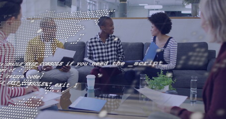 Poster - Discussing five coworkers holding documents and folders around office lounge, with code overlay