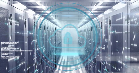 Poster - Digital cloud-and-padlock symbol hovering in high-security data center corridor, with server racks