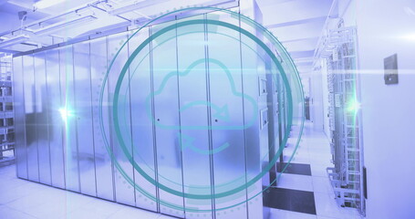 Poster - Glowing server cabinets reflecting LED glow in data center corridor, with cloud sync overlay