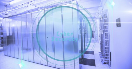 Poster - Showing metallic server racks stretching away in datacenter hallway with Cyber security overlay