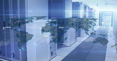 Poster - Displaying world map overlays across server cabinets in data center corridor, with network cables