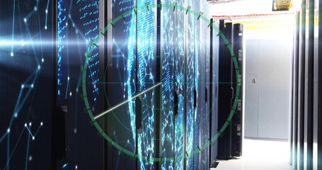 Poster - Server rack cabinets monitoring network in data center aisle, with world map and green radar grid