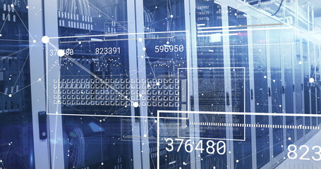 Poster - Displaying glass server cabinets streaming data in server room, with LED lights and digital overlay