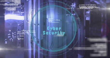 Poster - Showing lit data center aisle with server racks and Ethernet cables, HUD circle and floating code