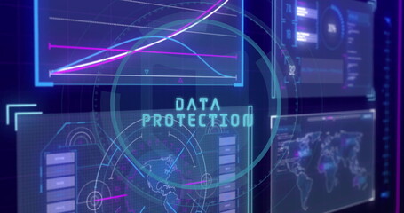 Poster - Displaying glowing DATA PROTECTION overlay in cybersecurity control room, with holographic panels