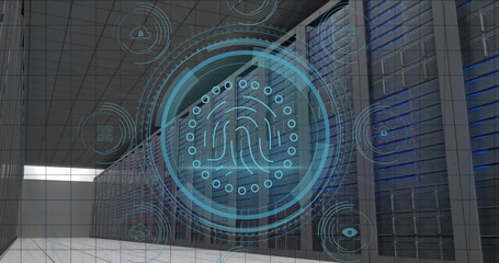 Fototapete - Hovering holographic fingerprint projecting over server racks in data center, with security icons