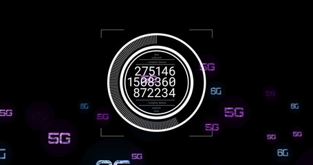 Poster - Displaying circular data interface on screen, with numeric readouts and floating 5G 6G labels