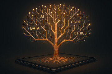 digital glowing tree growing from tablet with words ai data code and ethics symbolizing technology d