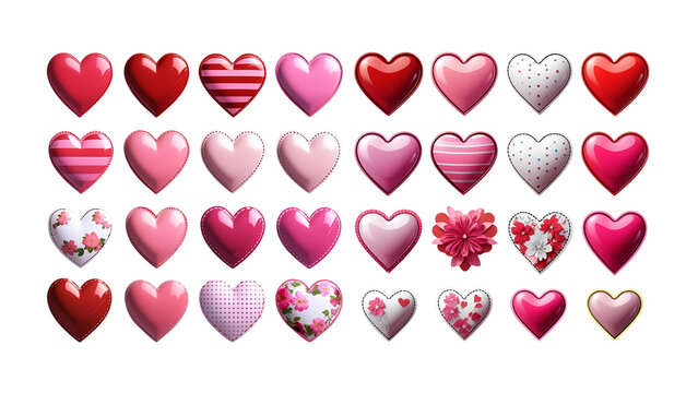 A collection of diverse decorative hearts, rendered with beautiful designs and various shades of red and pink, suitable for Valentine's Day themes or any love-related concepts.