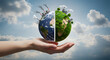 © Art_spiral - Split earth in human hand showing contrast between polluted industrial side and green sustainable eco side symbolizing global climate change renewable energy and environmental responsibility