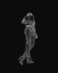 Fototapete - A young girl walks confidently with a document box balanced on her head, rendered in a striking wireframe style. The black background emphasizes the geometric simplicity of the figure.