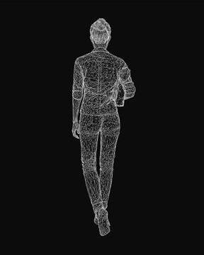 A wireframe man runs dynamically on a black background, rendered in a low polygonal style. The intricate geometric design highlights movement and form. The minimalist aesthetic creates a modern.