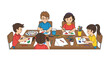 © Amie - Adobe illustrator artwork vector illustration of diverse kids engaged in a creative art class, painting and drawing at a table. Perfect for education, childhood, and creative learning themes.