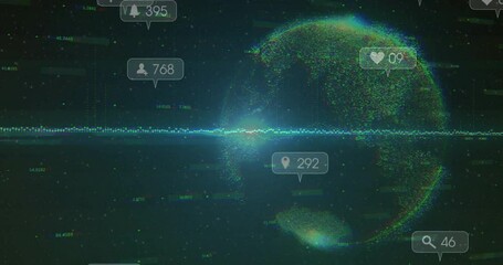 Aufkleber - Waveform glowing, pulsing sphere emerging, icons floating and counters updating for social metrics