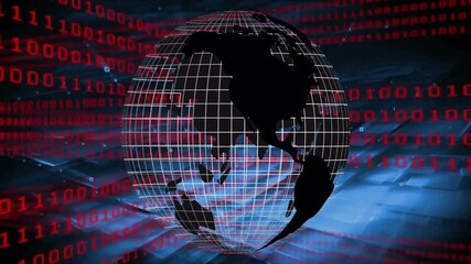 Poster - Opening showing wireframe globe rotating as red binary cascading and wave pulsing showing data flow