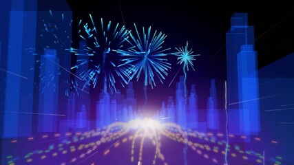 Poster - Data horizon bursting light, bars rising, spark shooting up initiating fireworks, symbols drifting