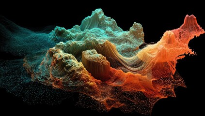 Poster - Abstract 3D rendering of a landscape composed of  flowing particles in shades of teal, orange, and brown, against a black background. 