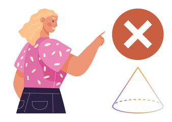 Poster - Blonde woman in patterned top pointing at a red X with a cone boundary below. Ideal for error, restriction, attention, mistake, warning, prohibition, decision. Simple flat metaphor