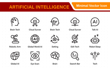 Fototapete - Ai tech and artificial intelligence icon set vector collection. AI Essentials line Icon collection, artificial intelligence icon set in line style, machine learning, smart robotic Free Vector