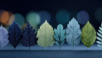 Poster - A row of diverse leaves in muted colors against a blurred city lights backdrop