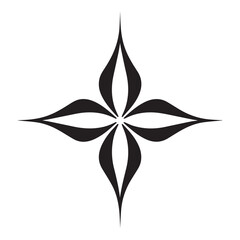 Poster - Elegant black stylized floral motif with four pointed petals symmetrically arranged around a central point on a white background