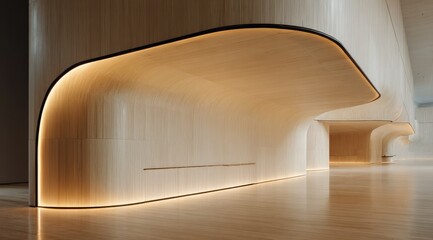 Poster - Warm-toned, curved wooden wall with integrated lighting in a spacious, modern interior.  The smooth, flowing lines create a sense of elegance and calm
