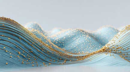Poster - Abstract rendering of undulating light-blue hills interwoven with gold lines and speckled with gold particles, set against a pale background
