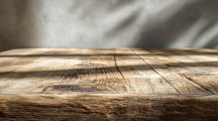 Poster - Rustic wooden table surface with blurred grey background, showcasing natural wood grain and sunlight shadows