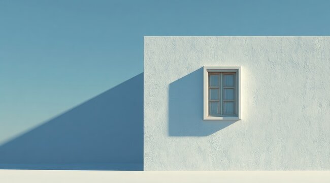 A minimalist digital rendering depicts a single window on a white wall, casting a shadow against a pale blue background. The scene is simple and serene, evoking a sense of peace and tranquility