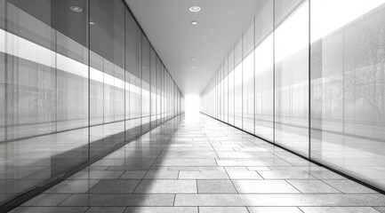Poster - A long, bright hallway with glass walls and a tiled floor, receding to a distant light source.  Perspective emphasizes depth and clean lines