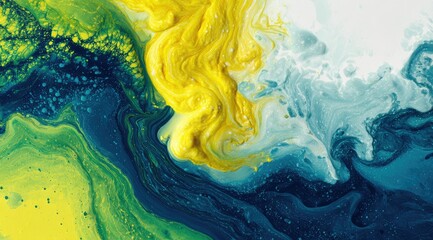 Poster - An abstract image showcasing swirling blends of vibrant yellow, teal, and dark blue hues. The colors intermingle organically, creating a dynamic and fluid composition