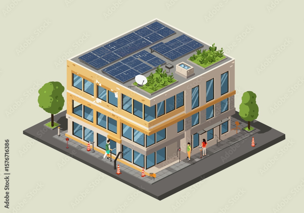 Climate Adaptable Building Vector Eco-Friendly Isometric Building with Solar Panels and Green Roof ...