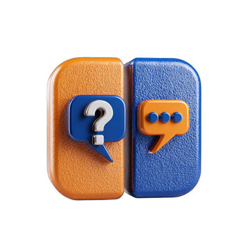 3D rendered image of two speech bubbles, one with a question mark and the other with ellipses, on an orange and blue background