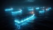 © Chantip - Bioluminescent containers glowing in deep blue night sea, visualizing smart shipping technology.