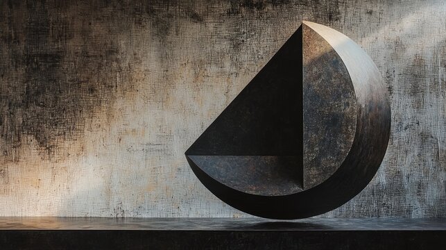 Abstract geometric form against textured concrete backdrop.