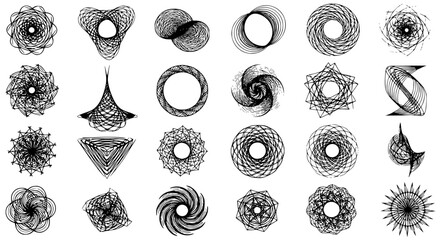 Poster - Set of abstract spirograph designs create unique black and white patterns for creative and geometric art.