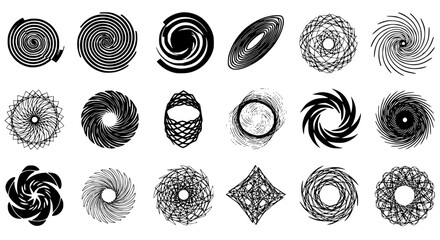 Poster - Collection of varied spiral and vortex graphic elements in black and white, useful for backgrounds and design work showcasing rotation.