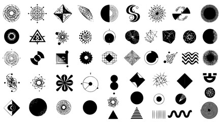Poster - Collection of diverse geometric shapes, minimalist abstract designs and black ink elements on white background showcasing artistic patterns.