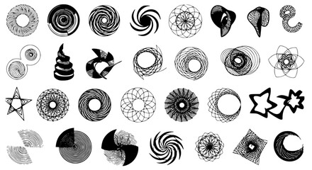Poster - Collection of creative spiral shapes showcase designs and patterns with black and white abstract graphic elements for artistic projects