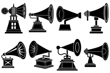 Poster - Collection of vintage gramophones and megaphones in black and white silhouette vector illustration
