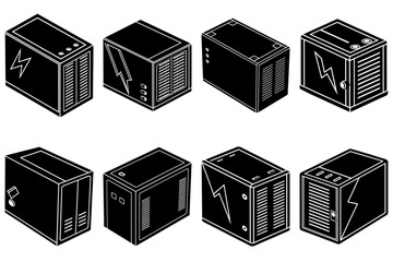 Poster - Isometric illustration of eight black server racks with lightning bolt designs and ventilation grates