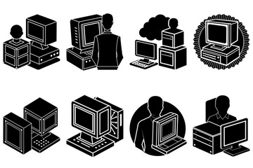 Fototapete - Illustration of various computer setups including desktop and server configurations in black and white style
